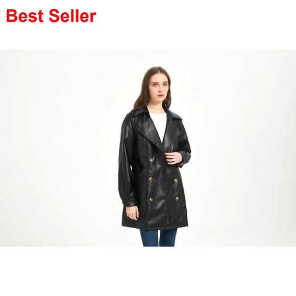 Faux Leather Trench Coat with Belt, Double Breasted, Mid Length - Picture 7 of 7